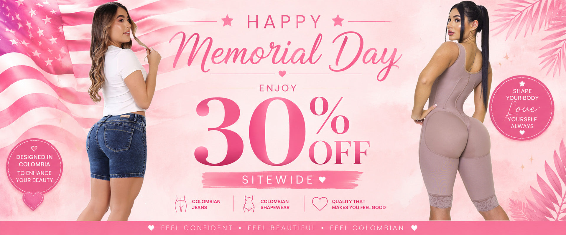 Promotional banner for Memorial Day sale colombian clothing
