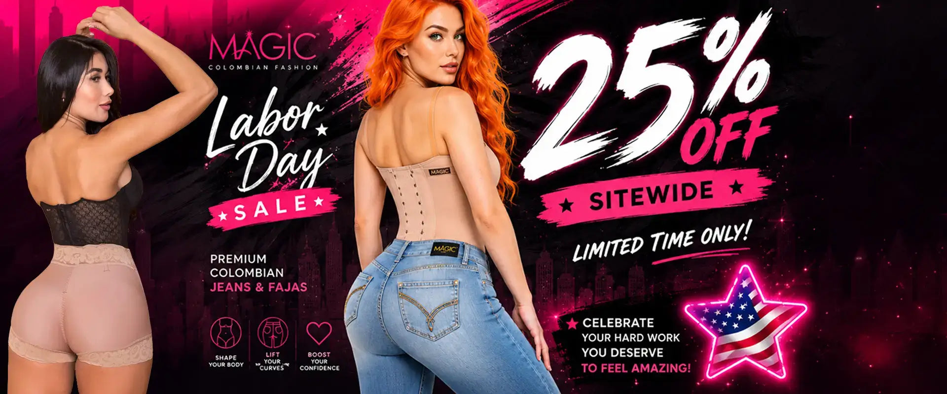 Promotional banner for Magic Colombian Fashion featuring two models wearing shapewear jeans and camisoles, with large text advertising a 25% off labor day sale.