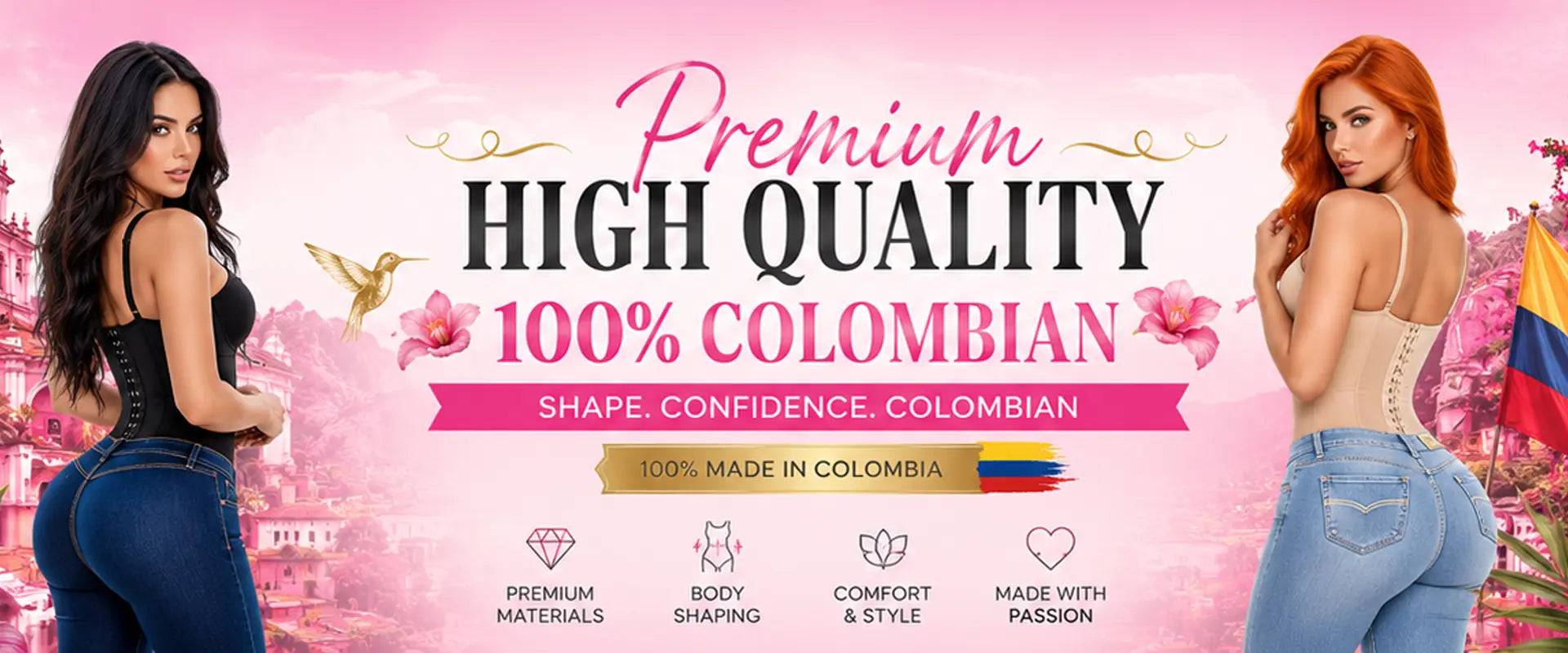 Promotional banner for a Colombian massage or body treatment service, featuring two women on either side of the text 'Premium HIGH QUALITY 100% COLOMBIAN' against a pink tropical background with decorative text and icons.