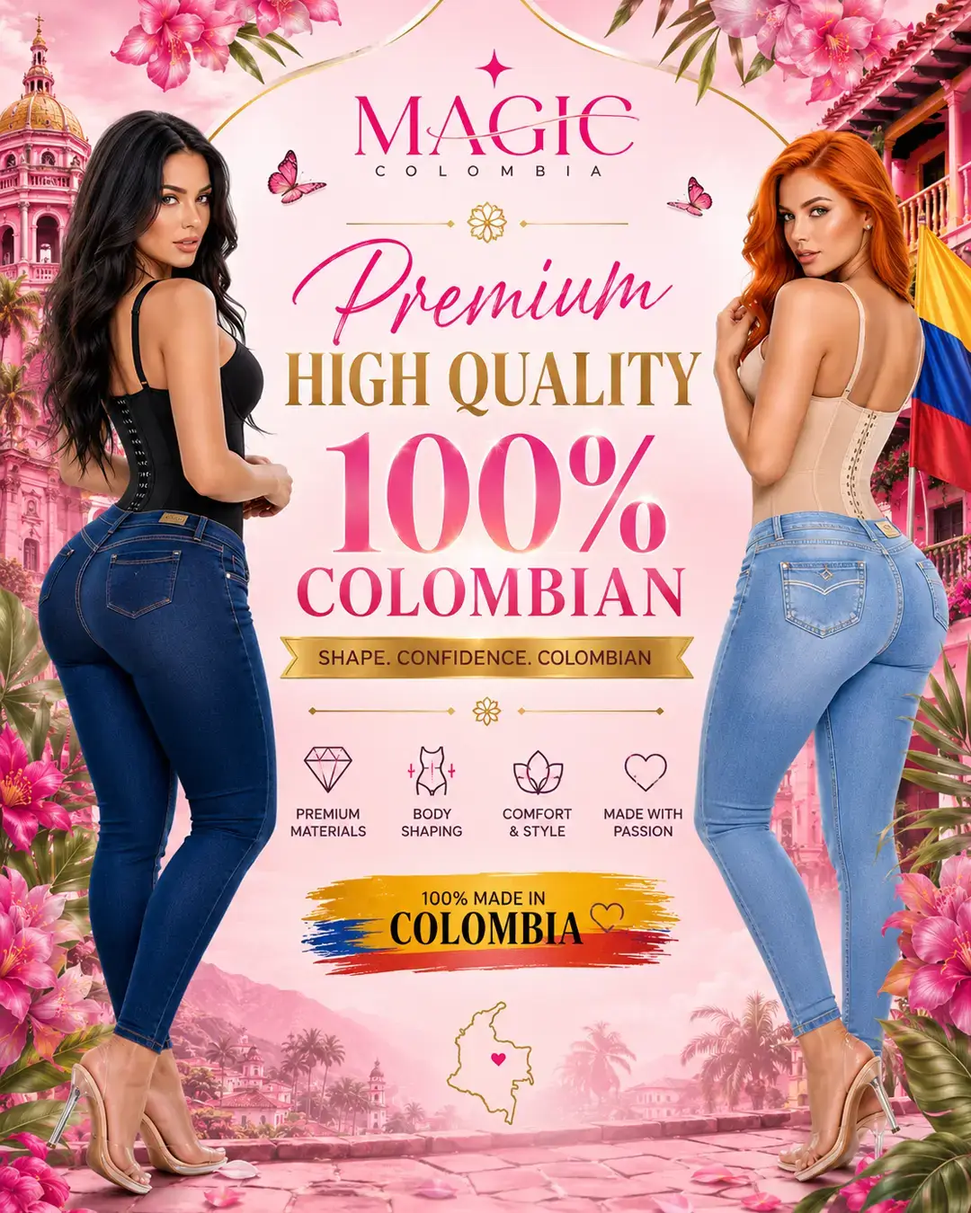 A promotional graphic for 'Magic Colombia' jeans, featuring two models wearing blue jeans in front of a pink tropical background with flowers and a building. The text highlights 'Premium High Quality 100% Colombian' jeans with features like premium materials, body shaping, comfort, and style.
