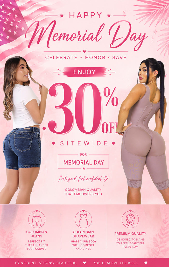 Promotional flyer for Memorial Day sale colombian jeans and shapewear