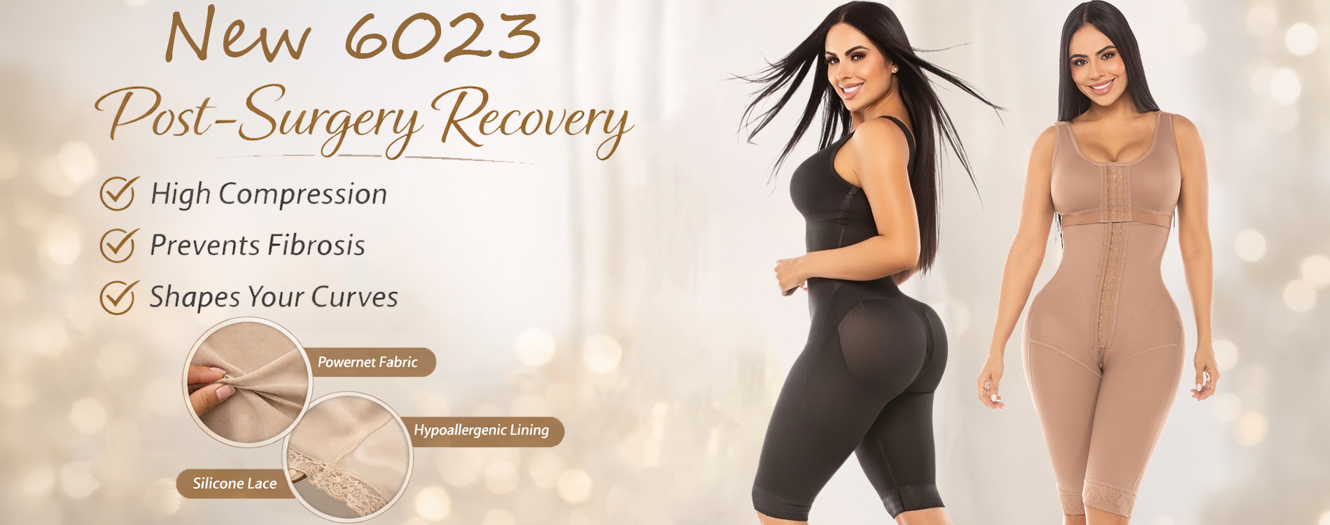 Advertisement for New 6023 Post-Surgery Recovery garment with two models wearing the colombian product.