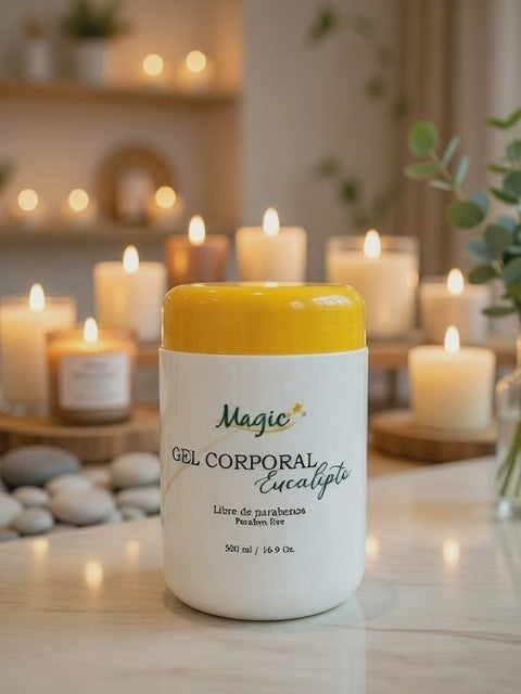 Tarro de Magic Gel Corporal Eucalipto, gel reductor termogénico y moldeador corporal para abdomen y piernas de 500ml.