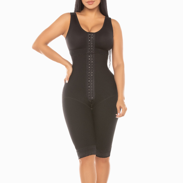 Black shapewear garment worn by a model on a white background