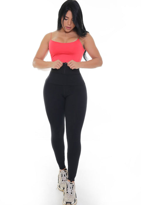 High waisted black leggings with adjustable body shaper waist trainer - 19533